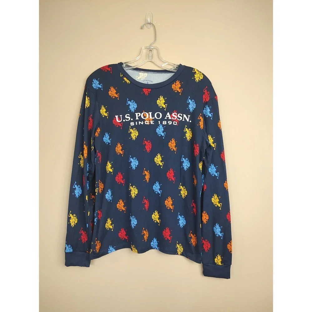 US Polo Assn Kids Navy Blue All Over Logo Long Sleeve Pajama Top Size 18